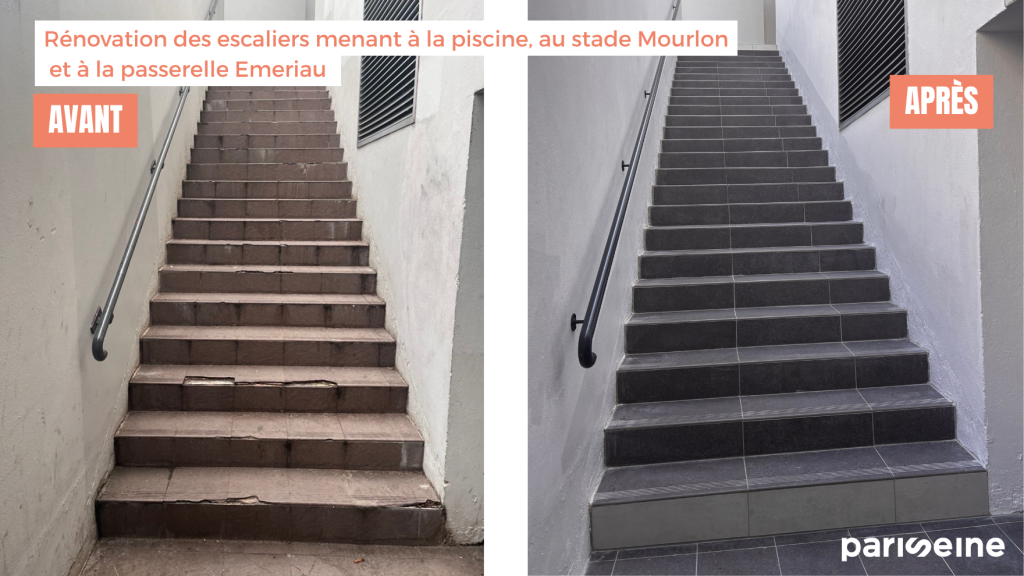 Escaliers menant à la piscine, au stade Mourlon et à la passerelle Emeriau rénovés
