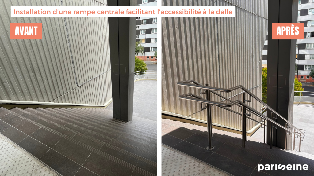 Mise en place d'une rampe centrale dans l'escalier situé entre la rue Emeriau et la dalle centrale.
